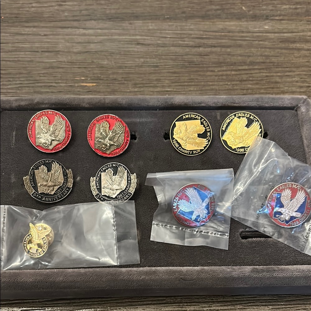 Vintage American Eagles M/C charity run pins plus 1 FOE pin lot 9 total 1980’s